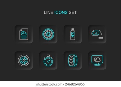 Set line Racing helmet, Car tire wheel, Alloy for car, Stopwatch, mirror, Nitrous oxide,  and  icon. Vector