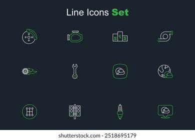 Set line Racing helmet, Car spark plug, traffic light, Gear shifter, Wrench spanner and Wheel fire flame icon. Vector