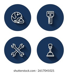 Set line Racing helmet, Car key with remote, Wrench spanner and Gear shifter with long shadow. Blue circle button. Vector