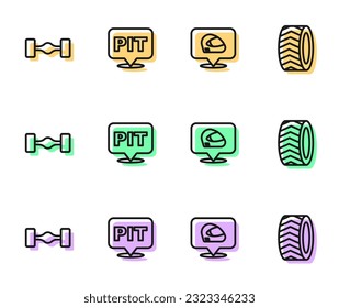 Set line Racing helmet, Chassis car, Pit stop and Car tire wheel icon. Vector