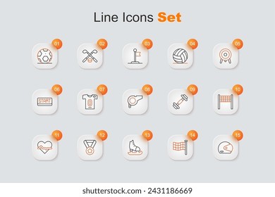 Set line Racing helmet, Checkered flag, Skates, Medal, Heart rate, Volleyball net, Dumbbell and Whistle icon. Vector