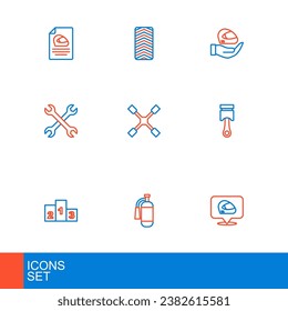 Set line Racing helmet, Fire extinguisher, Award over sports winner podium, Engine piston, Wrench spanner, Wheel wrench,  and Car tire wheel icon. Vector
