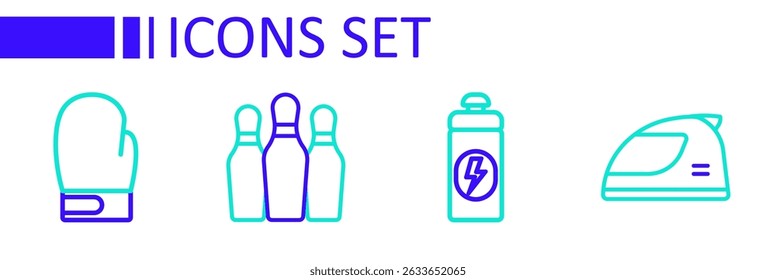 Set line Racing helmet, Fitness shaker, Bowling pin and Boxing glove icon. Vector