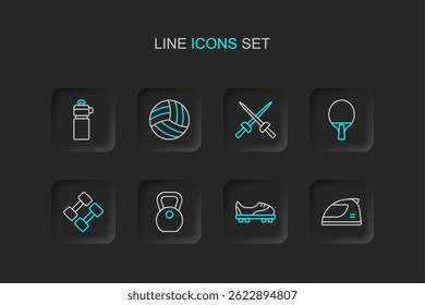 Set line Racing helmet, Football shoes, Weight, Dumbbell, Racket, Fencing, Volleyball and Fitness shaker icon. Vector