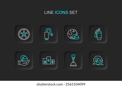 Set line Racing helmet, Gear shifter, Award over sports winner podium, Fire extinguisher, Car muffler and Alloy wheel for car icon. Vector