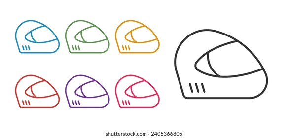 Establecer línea Icono de casco de carreras aislado en fondo blanco. Deporte extremo. Equipamiento deportivo. Indique los iconos en colores. Vector