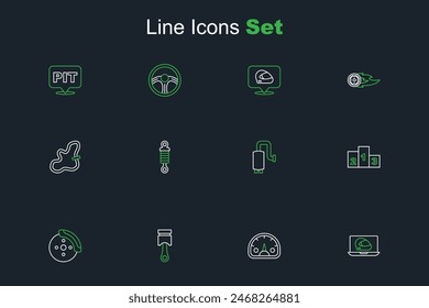 Set line Racing helmet, Speedometer, Engine piston, Car brake disk with caliper, Award over sports winner podium, muffler, Shock absorber and Timing belt kit icon. Vector