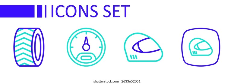 Set line Racing helmet, Speedometer and Car tire wheel icon. Vector