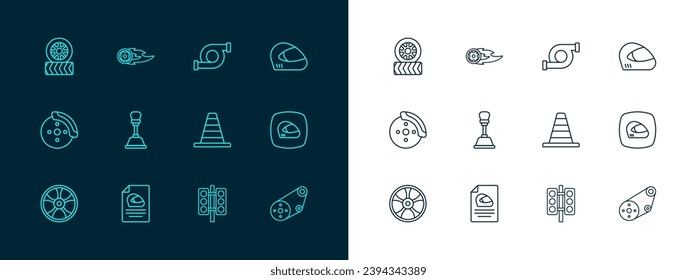 Fijar línea Casco de carreras, Cono de tráfico, semáforo, Desplazador de velocidades, Turbocompresor automotor, rueda del neumático de automóvil e icono de llama contra incendios de ruedas. Vector