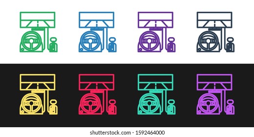 Set line Racing simulator cockpit icon isolated on black and white background. Gaming accessory. Gadget for driving simulation game.  Vector Illustration