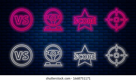 Set Line Racing Simulator Cockpit, Star, VS Versus Kampf und Ziel Sport. Leuchtendes Neonsymbol an der Ziegelwand. Vektorillustration