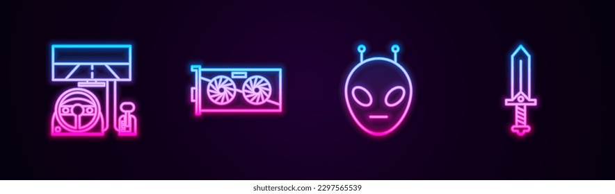 Set line Racing simulator cockpit, Video graphic card, Alien and Sword for game. Glowing neon icon. Vector