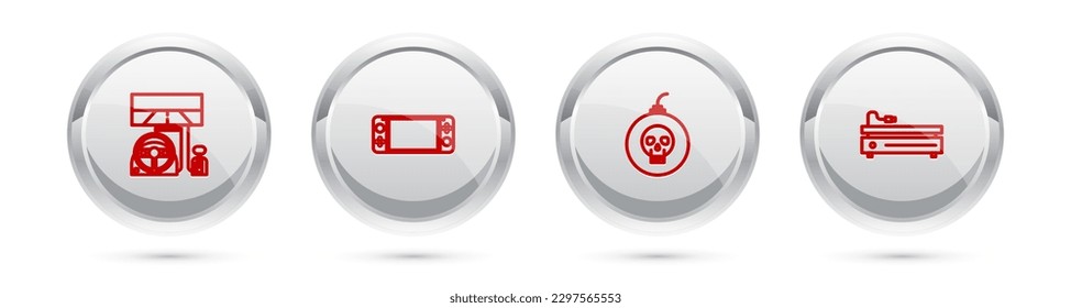 Set line Racing simulator cockpit, Portable video game console, Bomb ready explode and Video. Silver circle button. Vector