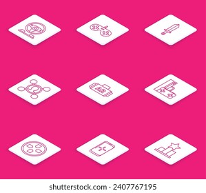 Fijar línea de la cabina del simulador de carreras, Gamepad, Espada para juego, Share, Ar, realidad aumentada, consola con joystick, Smartphone e icono de juego. Vector