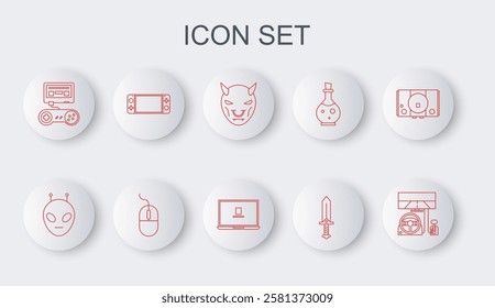 Set line Racing simulator cockpit, Alien, Mask of the devil with horns, Sword for game, Game console joystick, Portable video, Computer mouse and Laptop icon. Vector