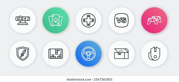 Fijar la línea de simulador de carreras, joystick del controlador de juegos, Espada para juego, Chest, VS Versus, Computer Mouse y el icono de la videoconsola portátil. Vector