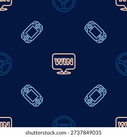 Set line Racing simulator, Portable video game console and Medal on seamless pattern. Vector