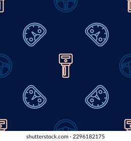 Set line Racing steering wheel, Speedometer and Car key with remote on seamless pattern. Vector