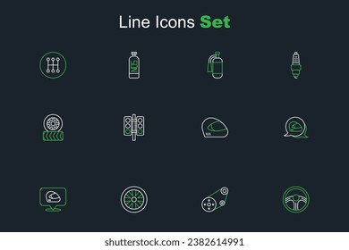 Set line Racing steering wheel, track, Stopwatch, helmet, traffic light and Car tire icon. Vector