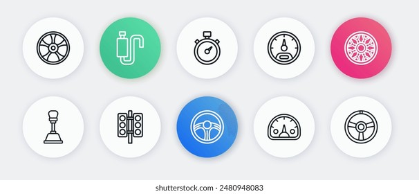 Set line Racing steering wheel, Alloy for car, Gear shifter, Speedometer, Stopwatch,  and traffic light icon. Vector