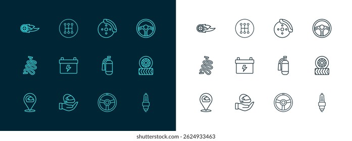 Set line Racing steering wheel, helmet, Fire extinguisher, Car battery, brake disk with caliper, Wheel fire flame and Gear shifter icon. Vector