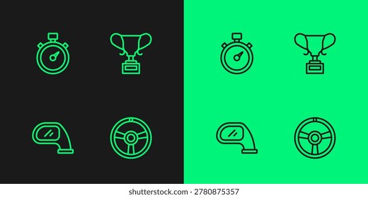 Set line Racing steering wheel, Car mirror, Stopwatch and Award cup icon. Vector