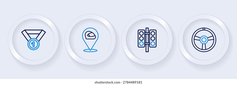 Set line Racing steering wheel, traffic light, helmet and Medal icon. Vector