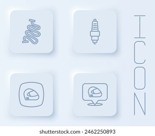 Set line Racing track, Car spark plug, helmet and . White square button. Vector