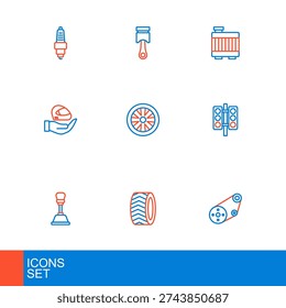Set line Racing track, Car tire wheel, Gear shifter, traffic light, helmet, Stopwatch, radiator cooling system and Engine piston icon. Vector