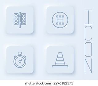 Set line Racing traffic light, Gear shifter, Stopwatch and Traffic cone. White square button. Vector