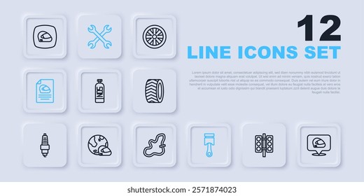 Set line Racing traffic light, helmet, Nitrous oxide, Engine piston, Wrench spanner and track icon. Vector