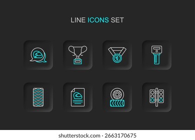 Set line Racing Ampel, Autoreifen Rad, Helm, Schlüssel mit Fernbedienung, Medaille, Award Cup und Ikone. Vektorgrafik