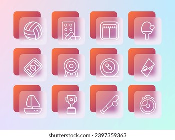 Juego de línea Racket, Award cup, Billiard pool snooker ball, Bate de béisbol con, Target sport, Marcador mecánico deportivo, Volleyball y Sports doping dumbbell icon. Vector