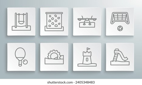 Set line Racket and ball, Climbing wall, Ferris wheel, Sand tower, Kid slide, Seesaw, Soccer goal with and Swing icon. Vector