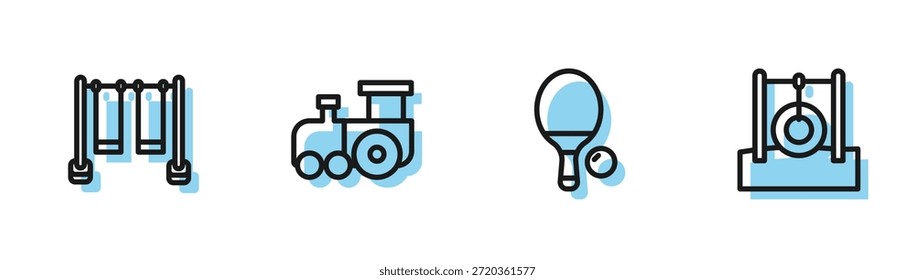 Definir linha Raquete e bola, balanço duplo, trem de brinquedo e pneu de carro pendurado no ícone de corda. Vetor