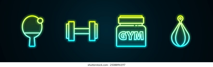 Definir linha Raquete e bola, Dumbbell, nutrição esportiva e saco de perfuração. Ícone de néon brilhante. Vetor