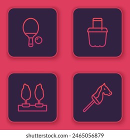 Set line Racket and ball, Forest, Sand in bucket and Toy horse. Blue square button. Vector