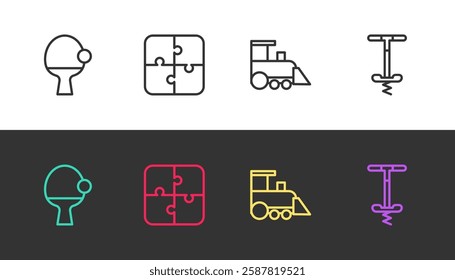 Set line Racket and ball, Puzzle pieces toy, Toy train and Pogo stick jumping on black and white. Vector