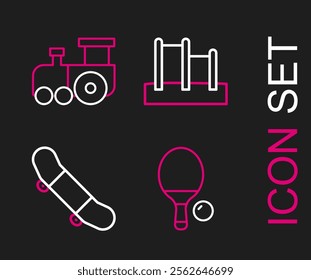 Set line Racket and ball, Skateboard trick, Horizontal bar and Toy train icon. Vector