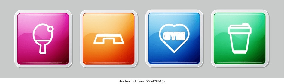 Set line Racket and ball, Step platform, Fitness gym heart and shaker. Colorful square button. Vector