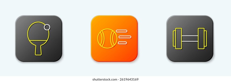 Set line Racket and ball, Tennis and Dumbbell icon. Vector