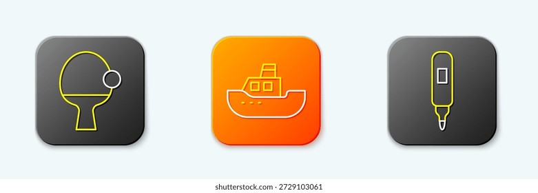 Definir linha Raquete e bola, barco de brinquedo e ícone de caneta marcador. Vetor