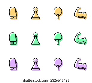 Set line Racket, Boxing glove, Chess and Bodybuilder showing his muscles icon. Vector