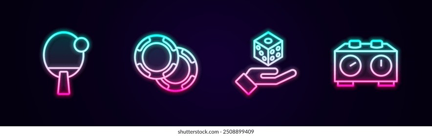Set line Racket, Casino chips, Game dice and Time chess clock. Glowing neon icon. Vector