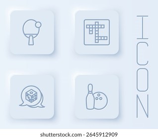 Set line Racket, Crossword, Game dice and Bowling pin and ball. White square button. Vector