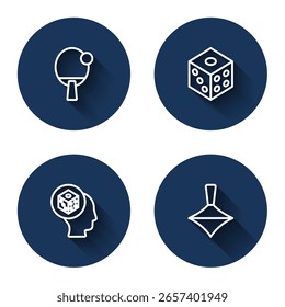 Definir linha Racket, dados do jogo, e brinquedo de redemoinho com sombra longa. Botão de círculo azul. Vetor