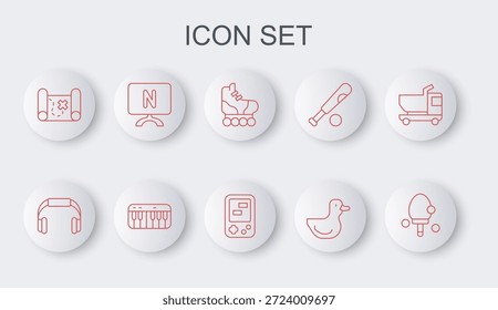 Raqueta, auriculares, patín, pato de goma, mapa del tesoro pirata, Smart Tv, sintetizador de música e icono de juego electrónico Tetris. Vector