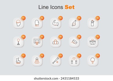 Set line Racket, Jump rope, Baseball bat with ball, Badminton shuttlecock, Skates, Stadium, Hockey puck and Sport bag icon. Vector