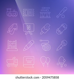 Set line Racket, Microphone, Skateboard, Drum with drum sticks, Smart Tv, Toy horse, train and Ice cream icon. Vector