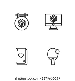Set line Racket, Playing cards, Game dice and  icon. Vector
